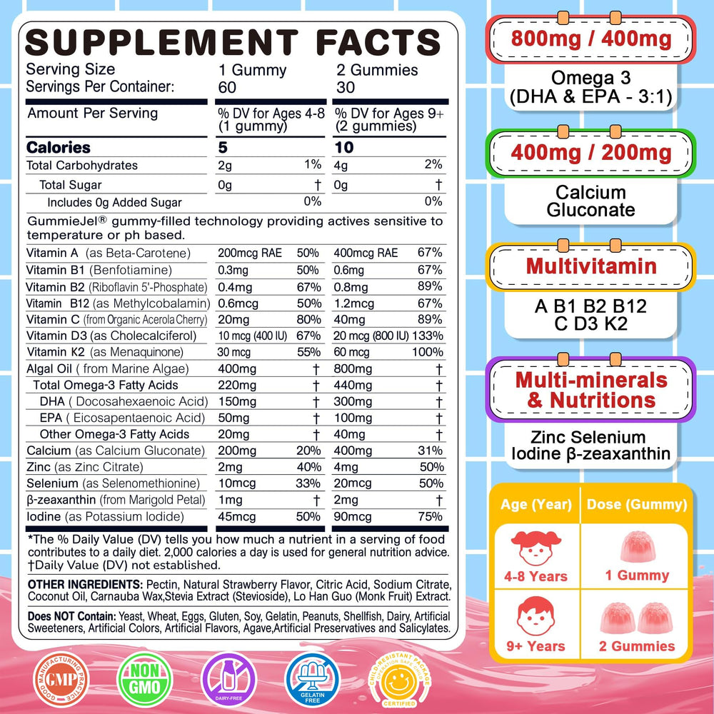 Nextdia Omega 3 gummies label closeup highlighting sugar-free, gelatin-free outer layer