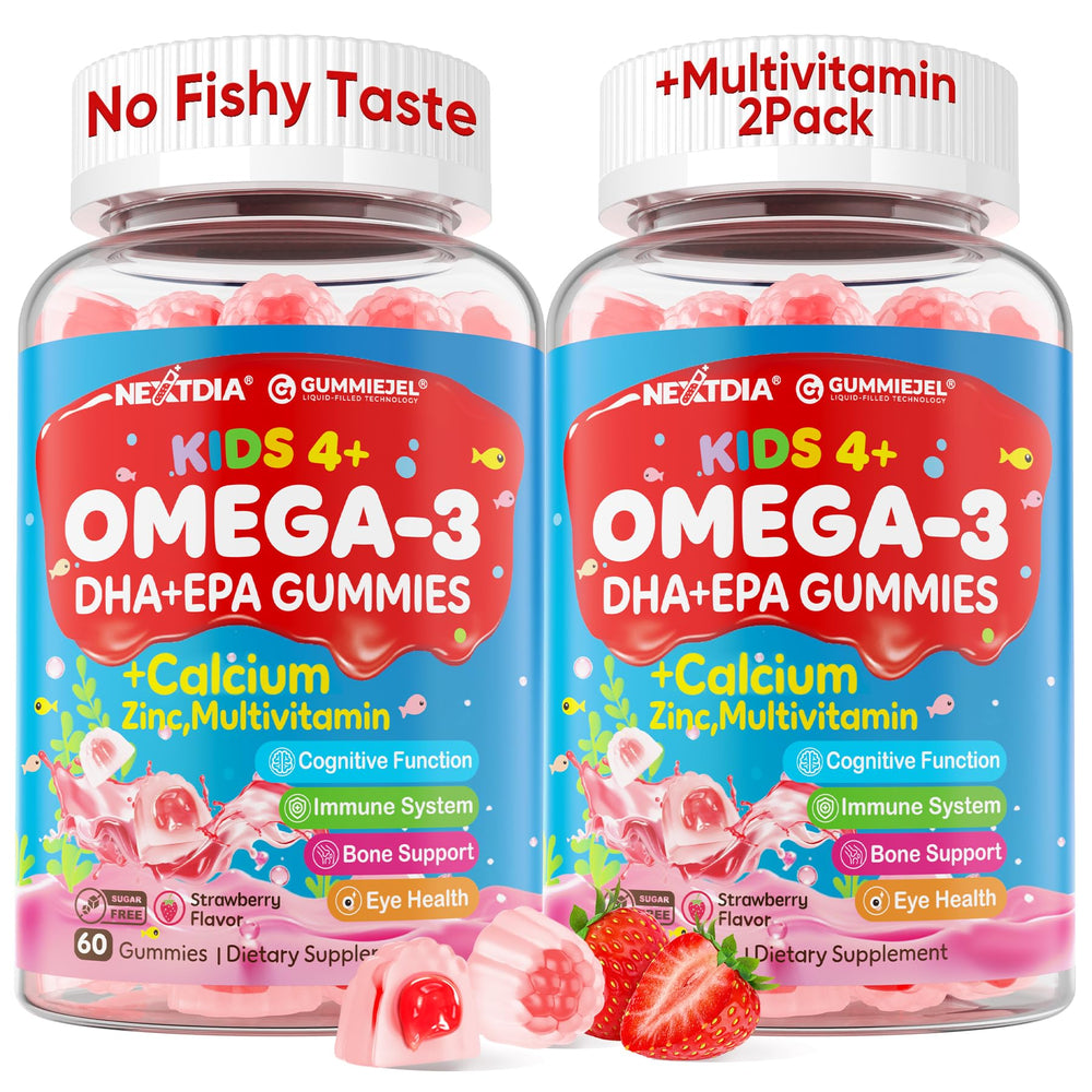 Nextdia Omega 3 kids gummies bottle showcasing no fish taste and vibrant strawberry flavor