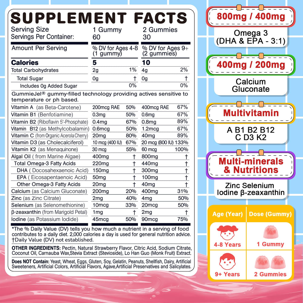 Nextdia Omega 3 gummies box highlighting 13-in-1 nutrition for growing minds