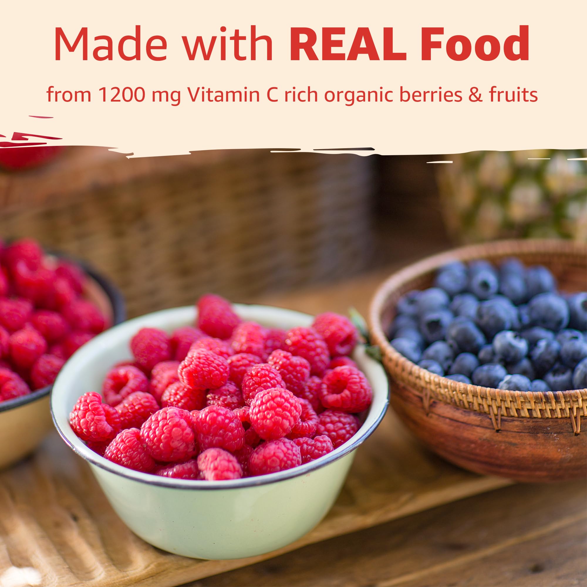 Berry blend visuals suggest natural sources powering the vitamin C core.