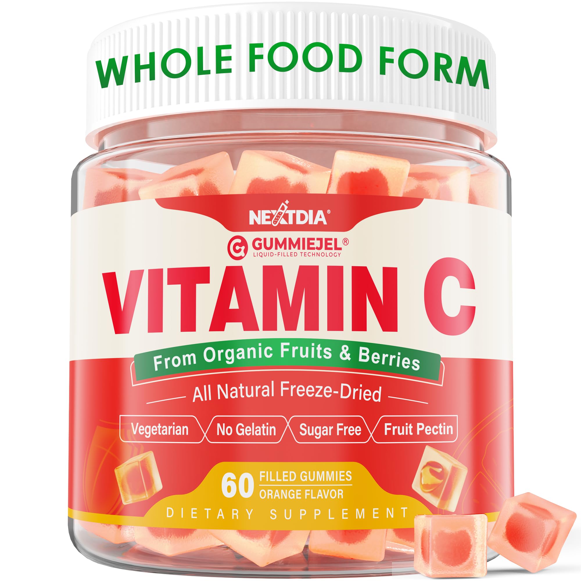 Nextdia Organic Vitamin C Gummies bottle front with orange chews for daily immune support.