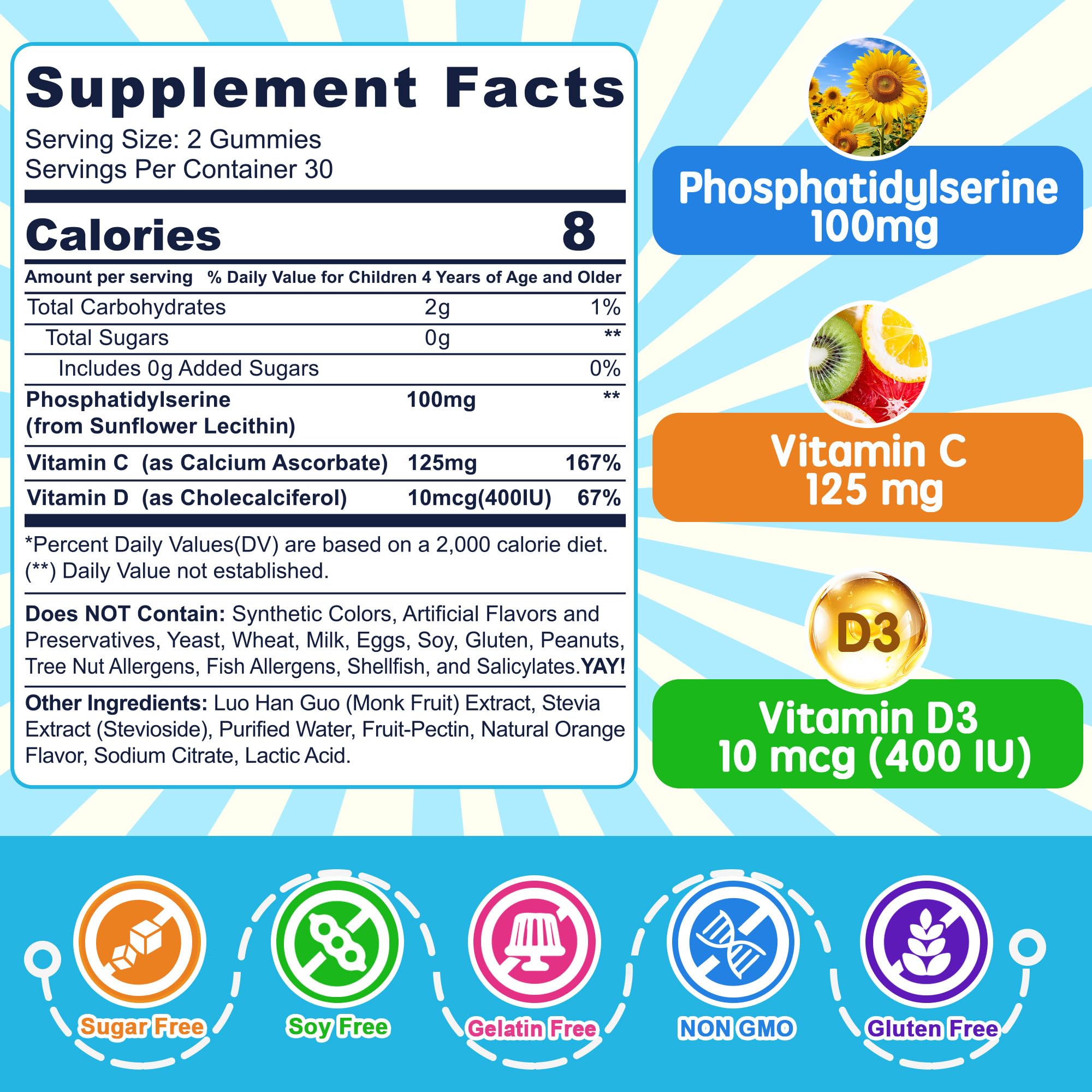 Nextdia phosphatidylserine focus gummies for kids, bottle-back, includes vitamins C and D3 for immune vitality.