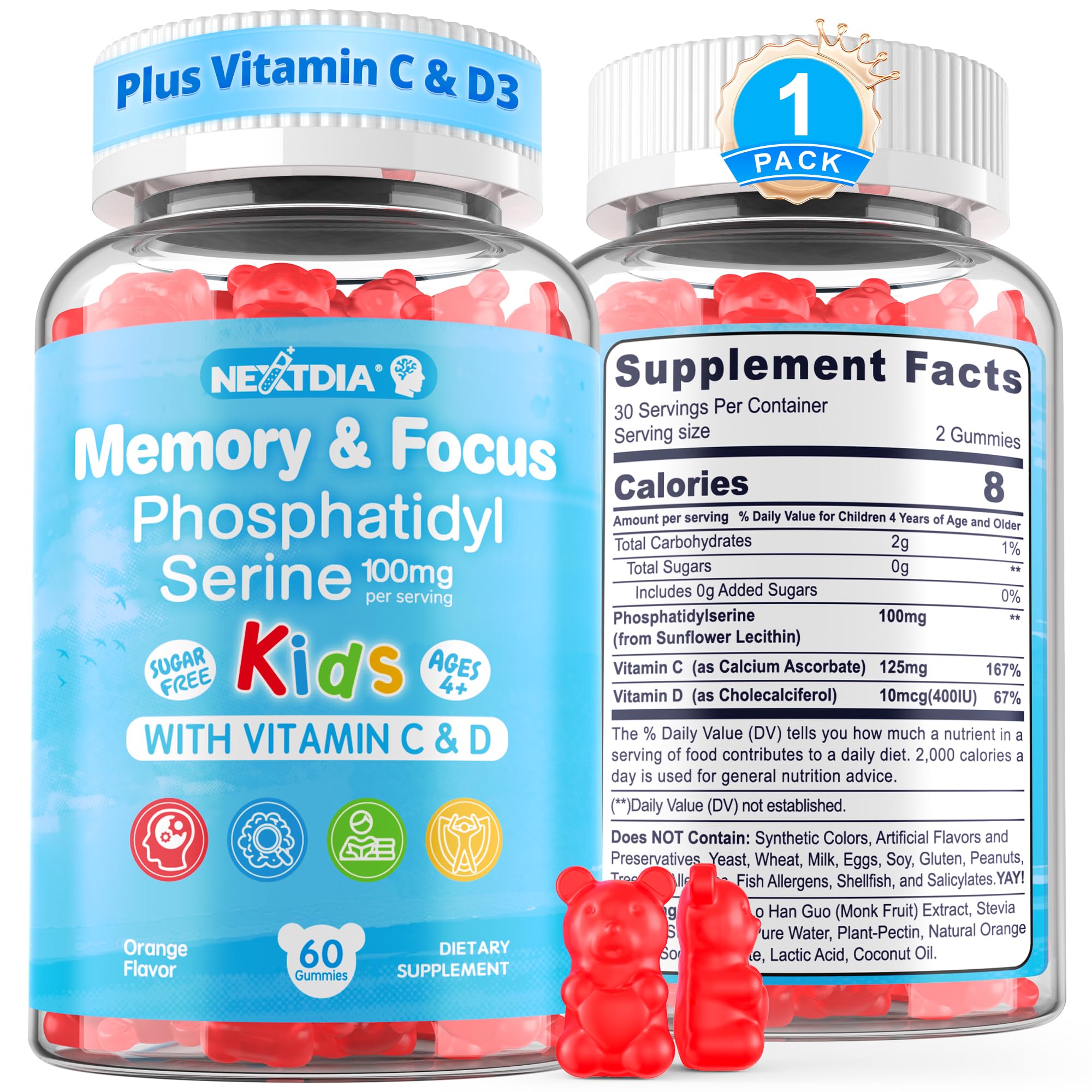 Nextdia phosphatidylserine focus gummies for kids, bottle-front, supports focused study sessions.