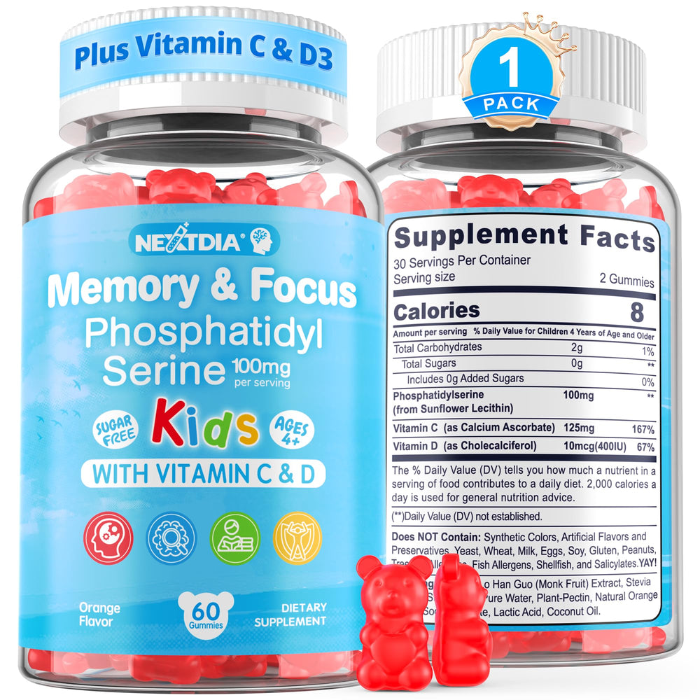 Nextdia phosphatidylserine focus gummies for kids, bottle-front, supports focused study sessions.