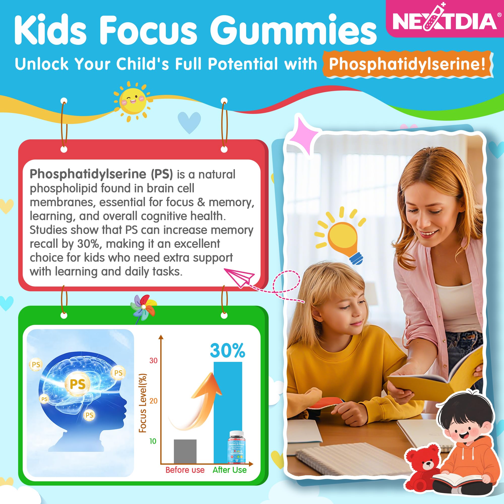 Nextdia phosphatidylserine focus gummies for kids, gummies-closeup, sugar-free taste supports daily consistency.