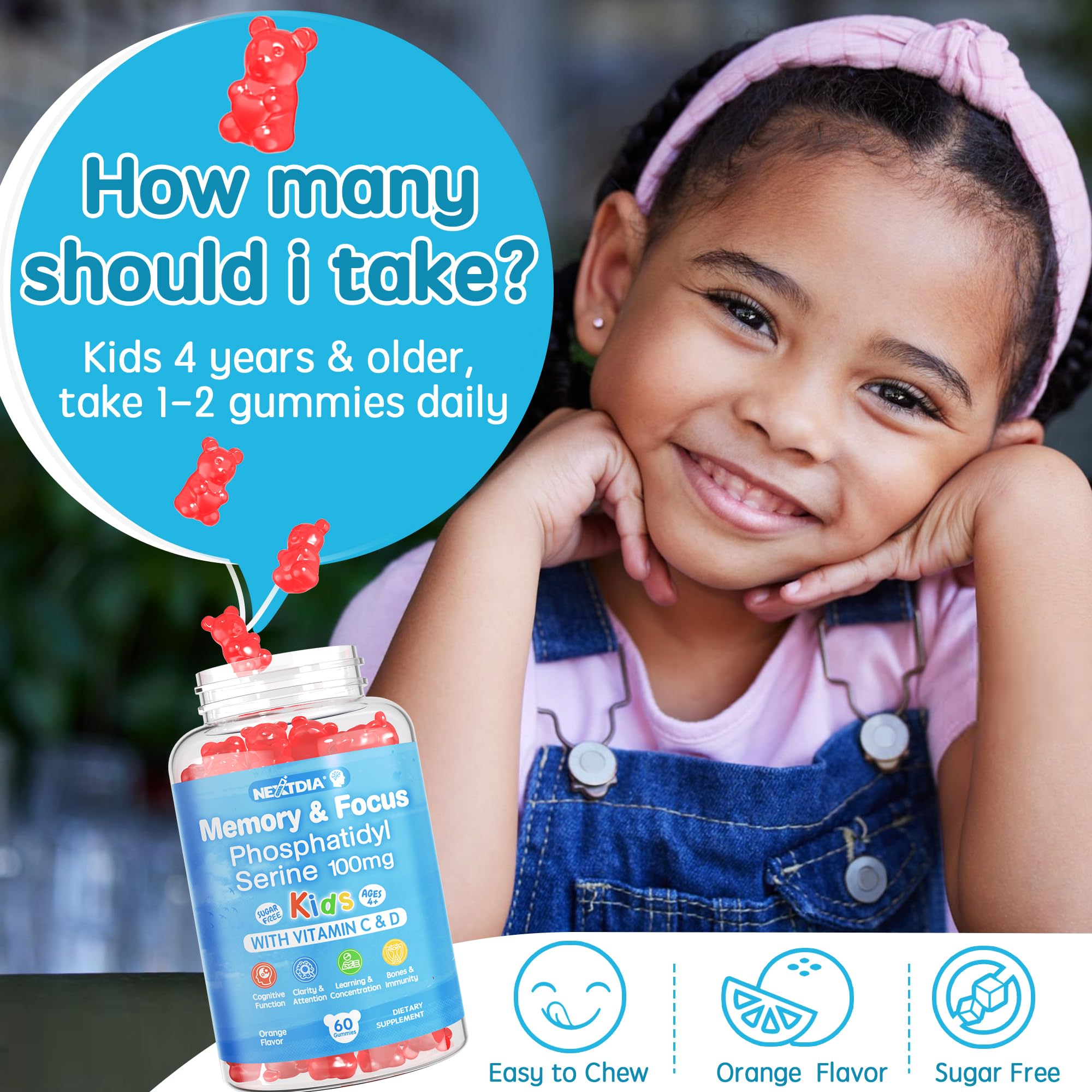Nextdia phosphatidylserine focus gummies for kids, nutrition-facts panel, allergen-friendly formula.