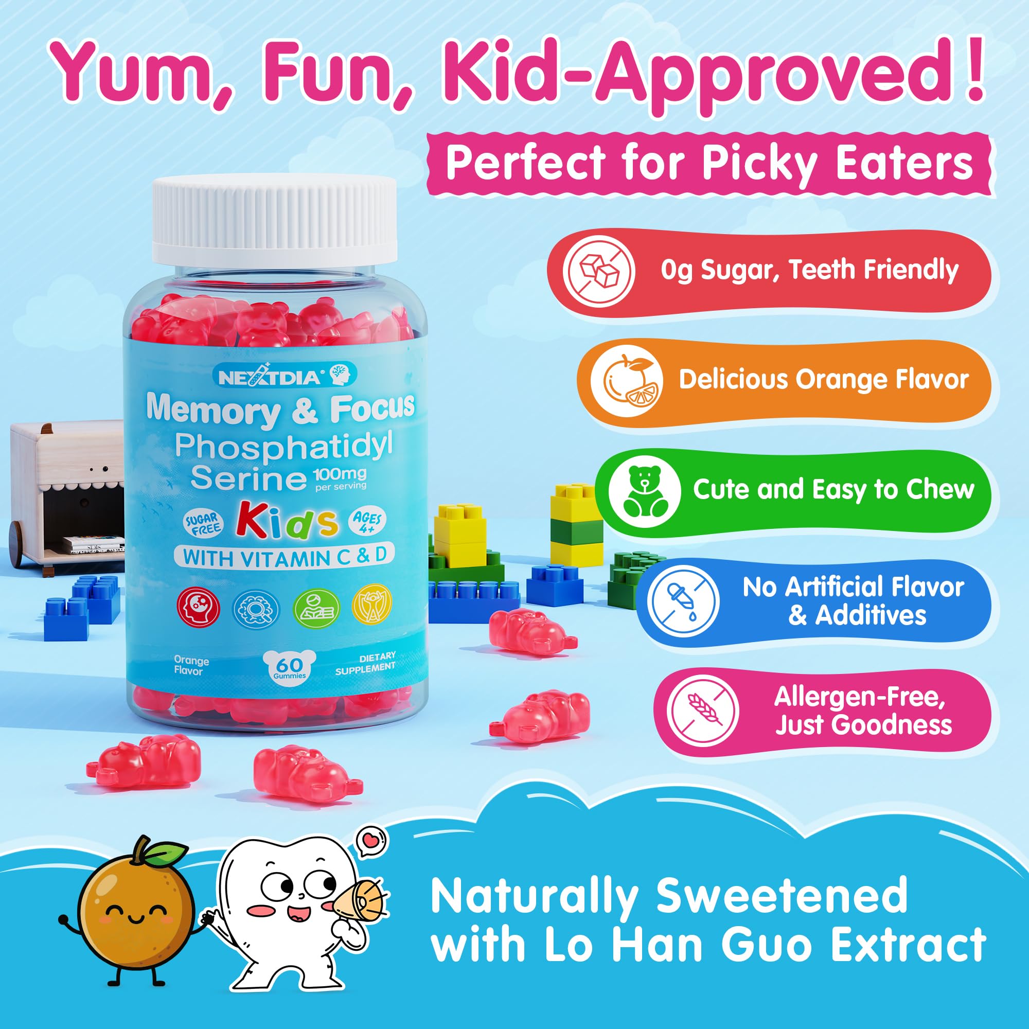 Nextdia phosphatidylserine focus gummies for kids, plate-view, 100 mg PS supports cognitive clarity.
