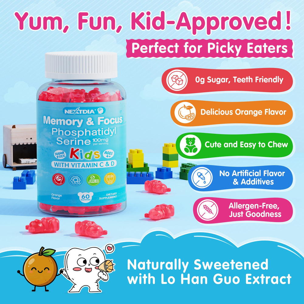 Nextdia phosphatidylserine focus gummies for kids, plate-view, 100 mg PS supports cognitive clarity.
