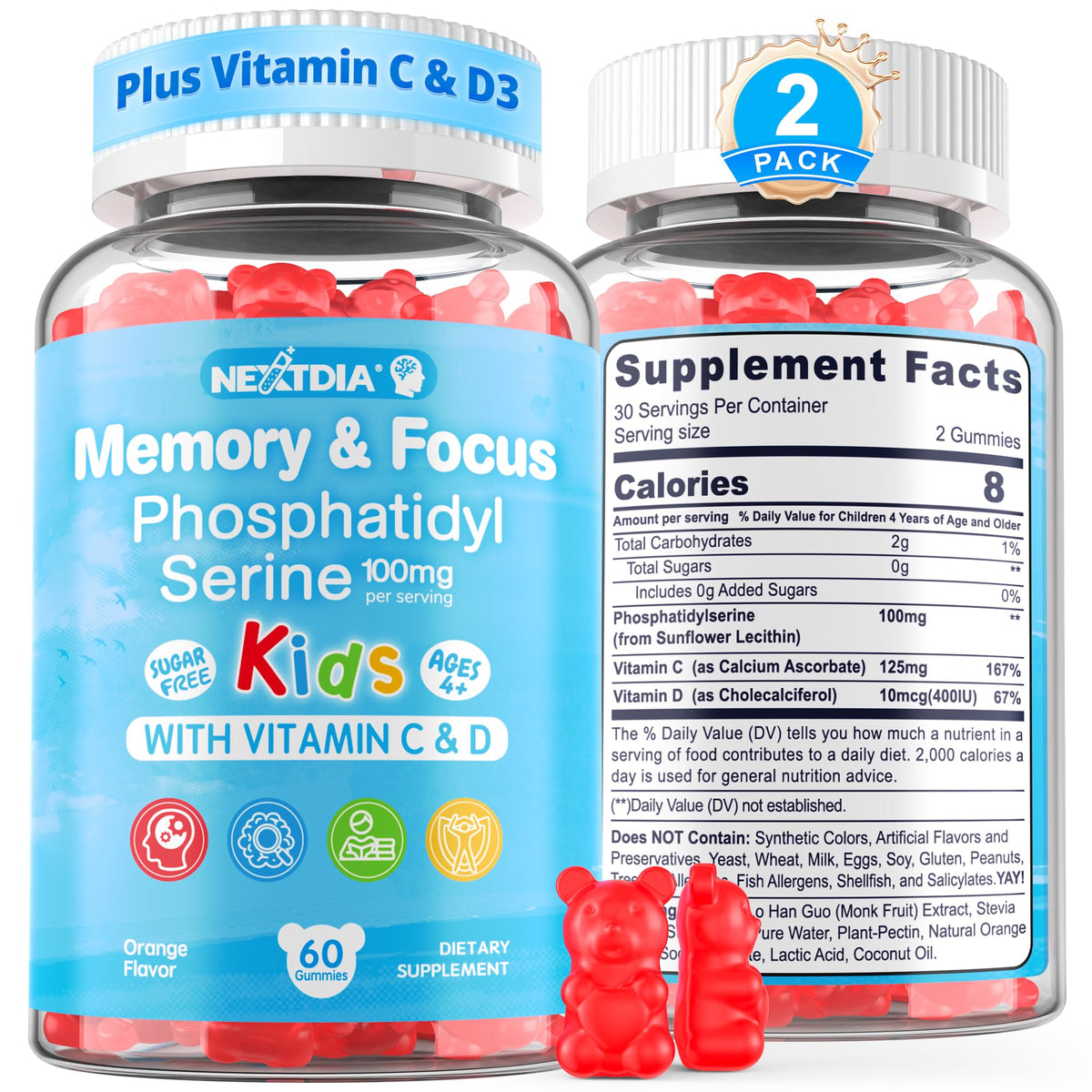 Nextdia phosphatidylserine supplement bottle supports daily brain function for kids