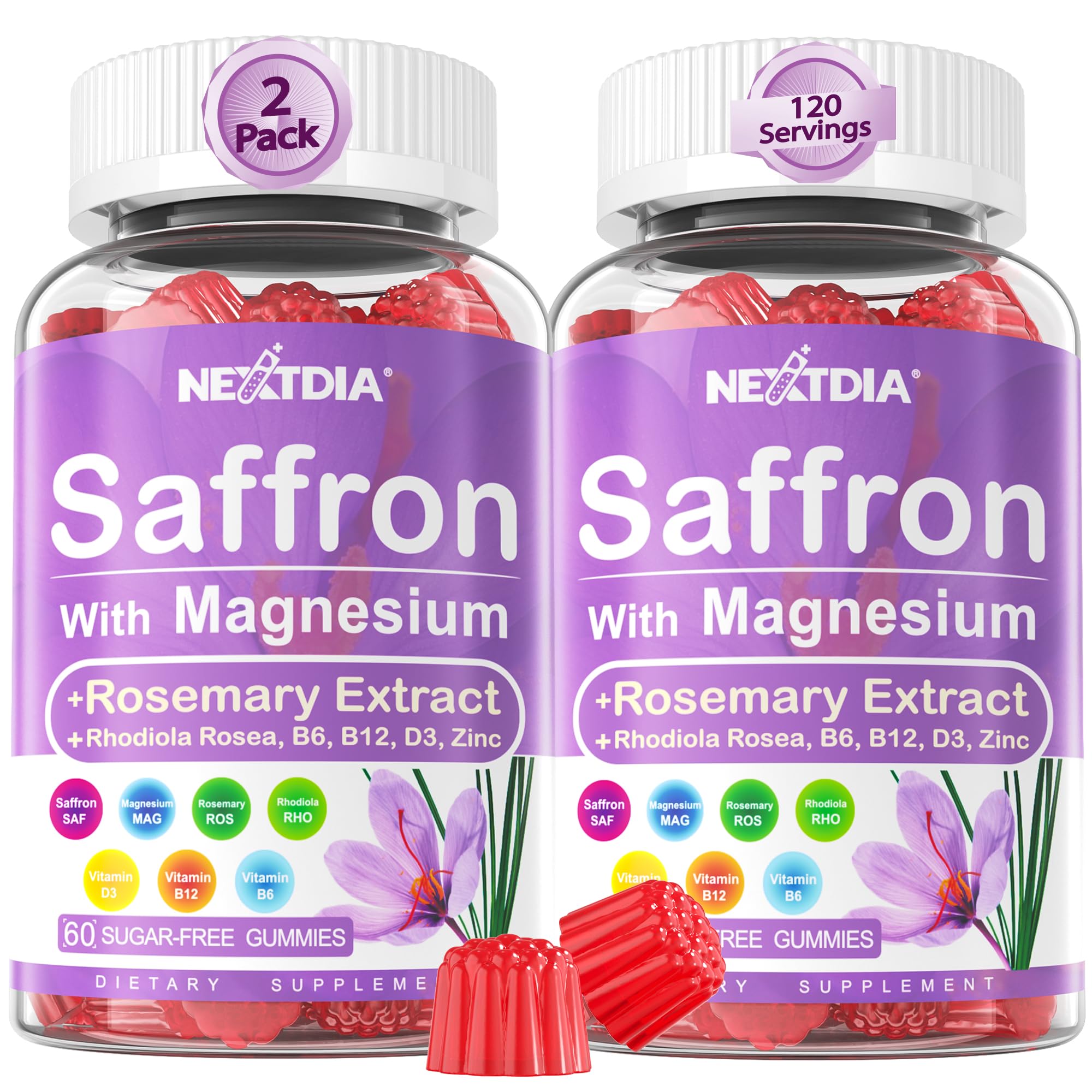 Nextdia Saffron Gummies bottle shown for daily calm and focus.