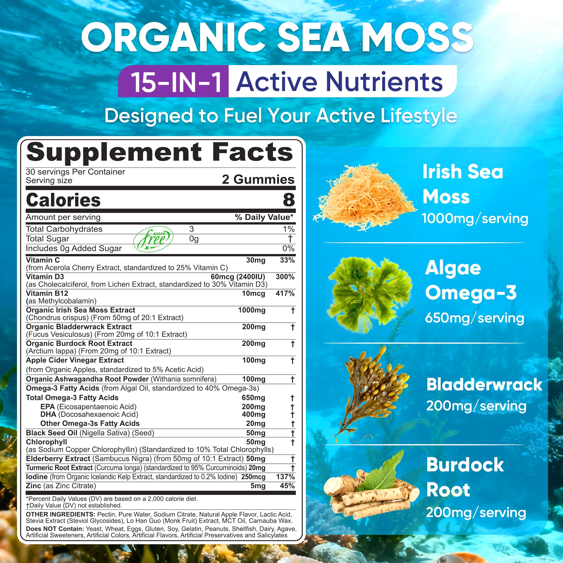 Nextdia Sea Moss Gummies bottle back showing nutrition highlights for immune and metabolism support.