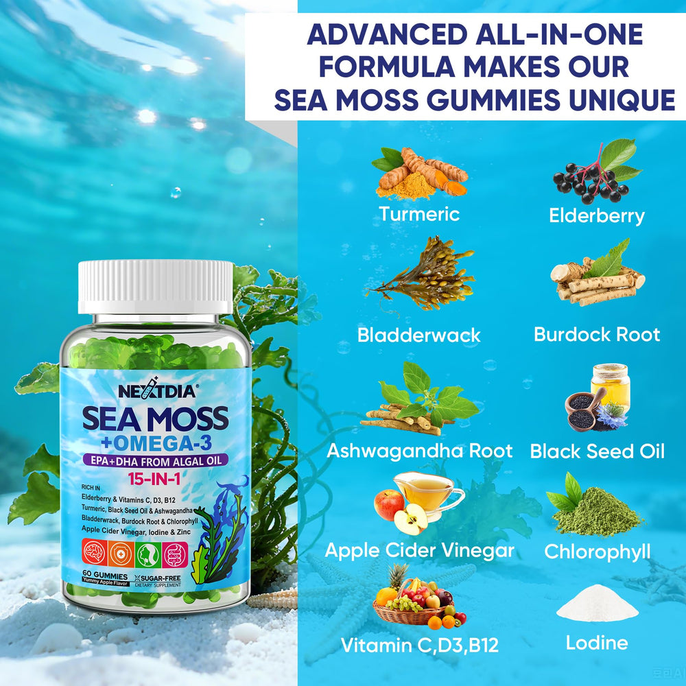 Nextdia Sea Moss Gummies ingredients panel featuring elderberry and turmeric.