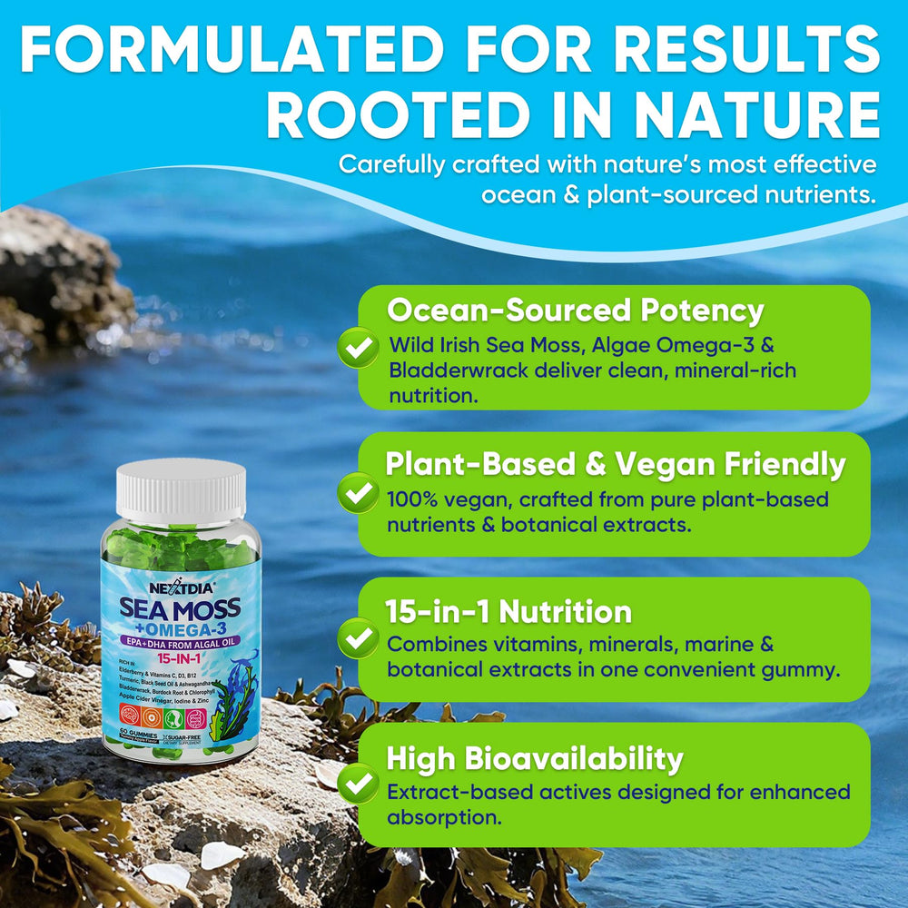 Nextdia Sea Moss Gummies sugar-free label highlights low calories.