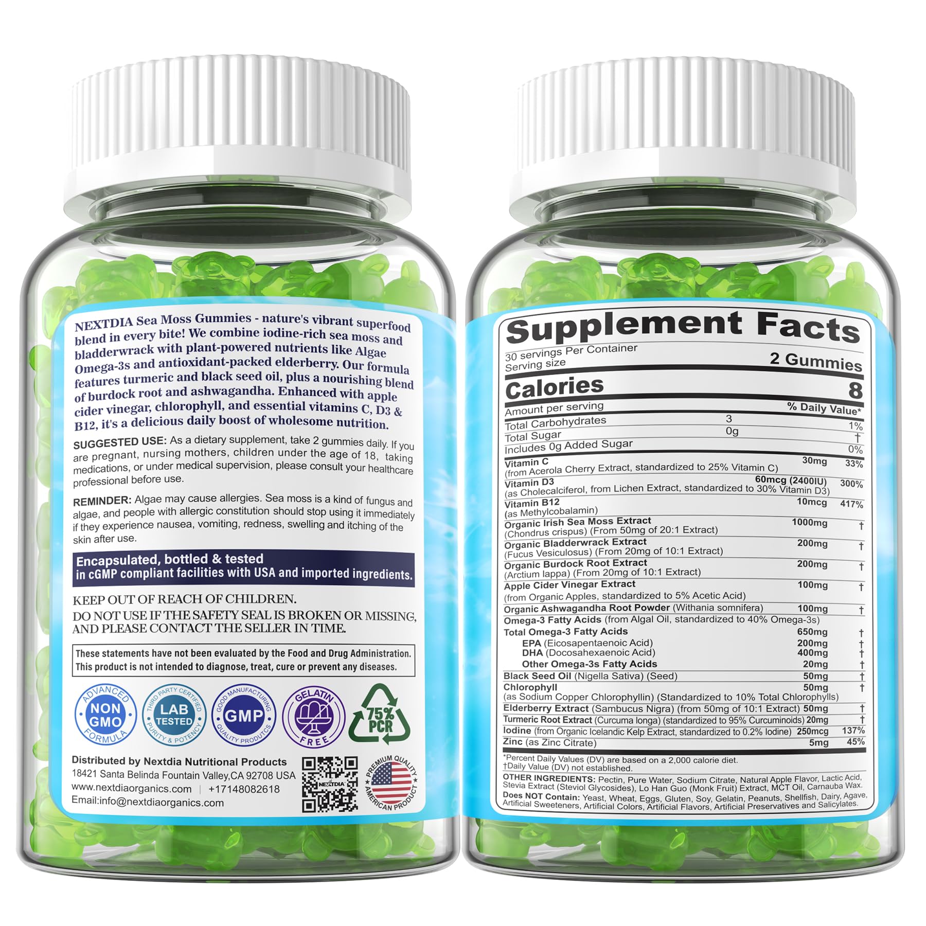 Nextdia Sea Moss Gummies travel-friendly packaging for on-the-go wellness.