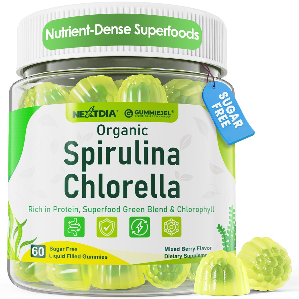 Nextdia Spirulina Chlorella Gummies bottle front signaling natural energy support