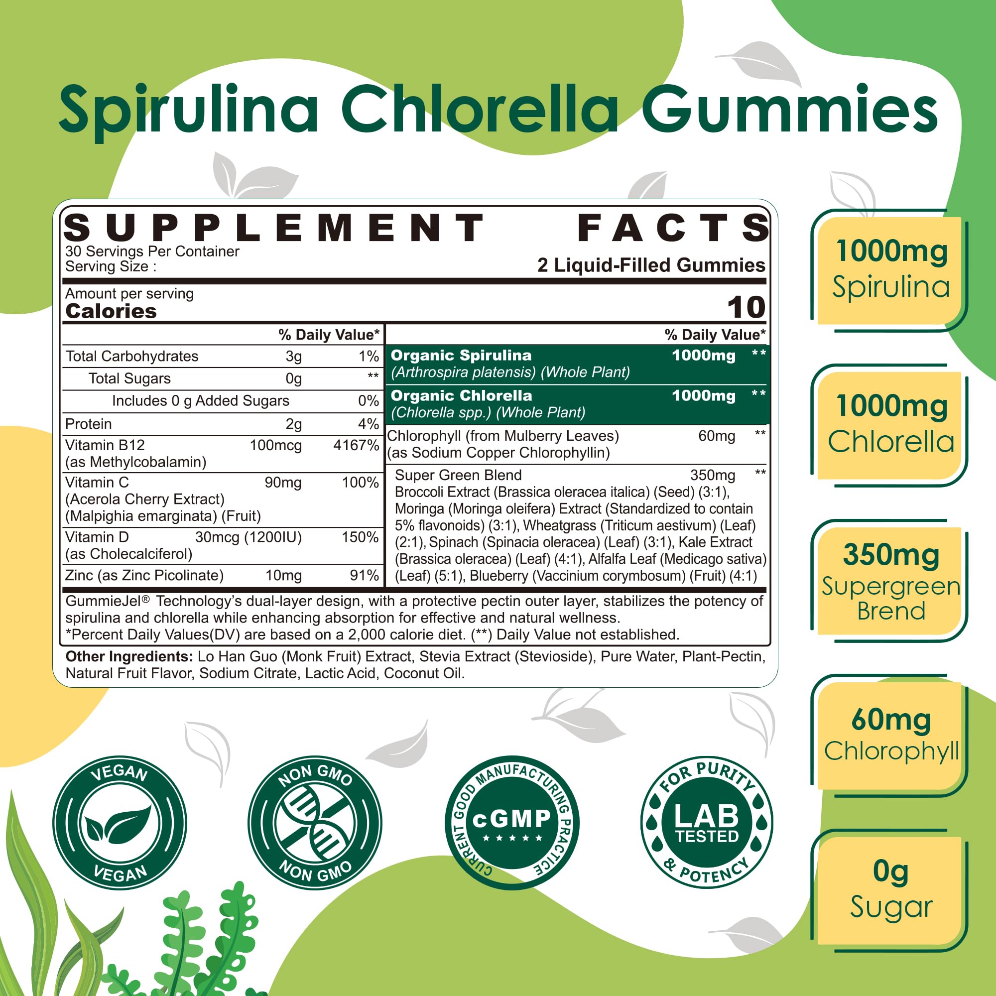 Nextdia Spirulina Chlorella Gummies bottle side label highlighting vegan protein and antioxidants