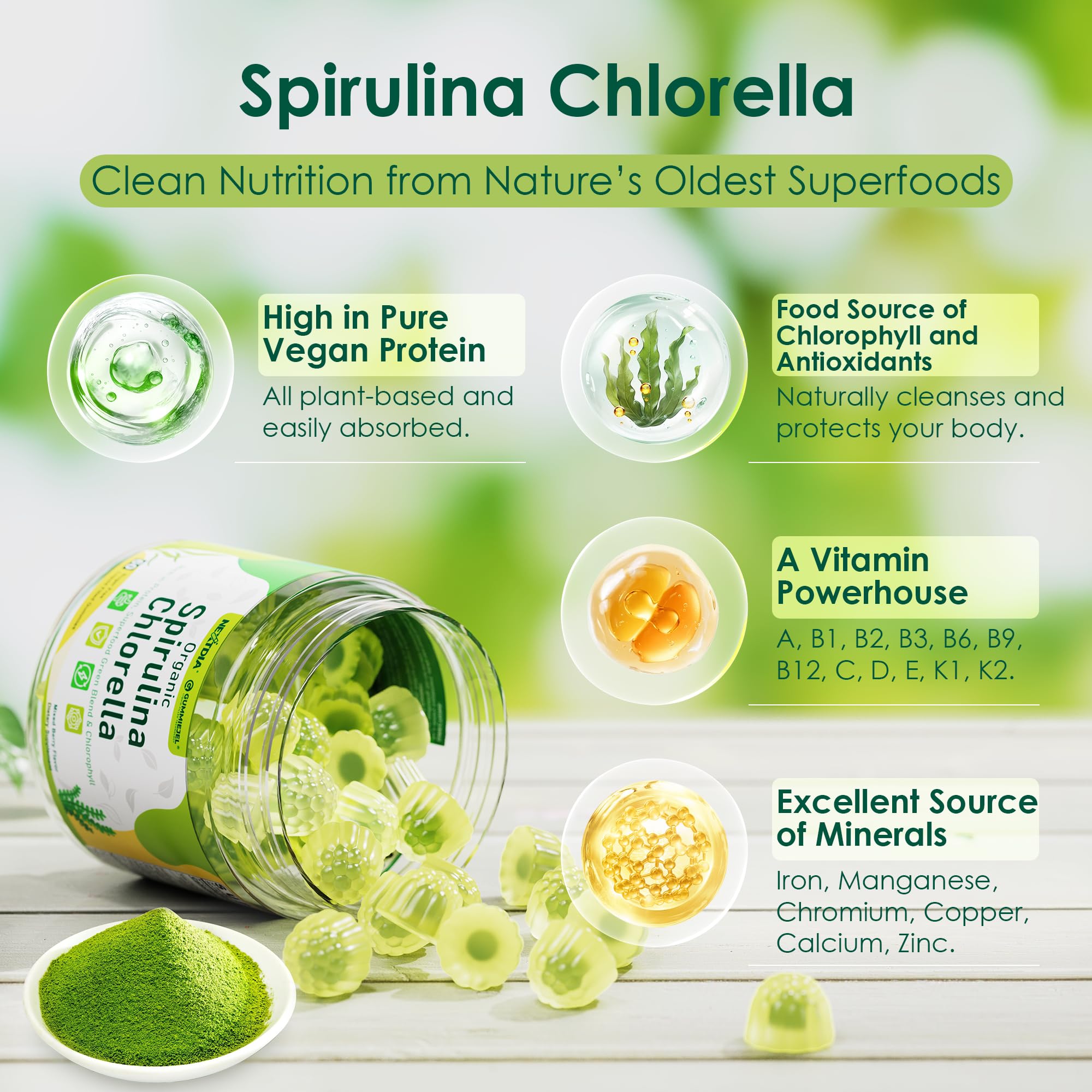 Nextdia Spirulina Chlorella Gummies close-up fruit texture suggests juicy flavor