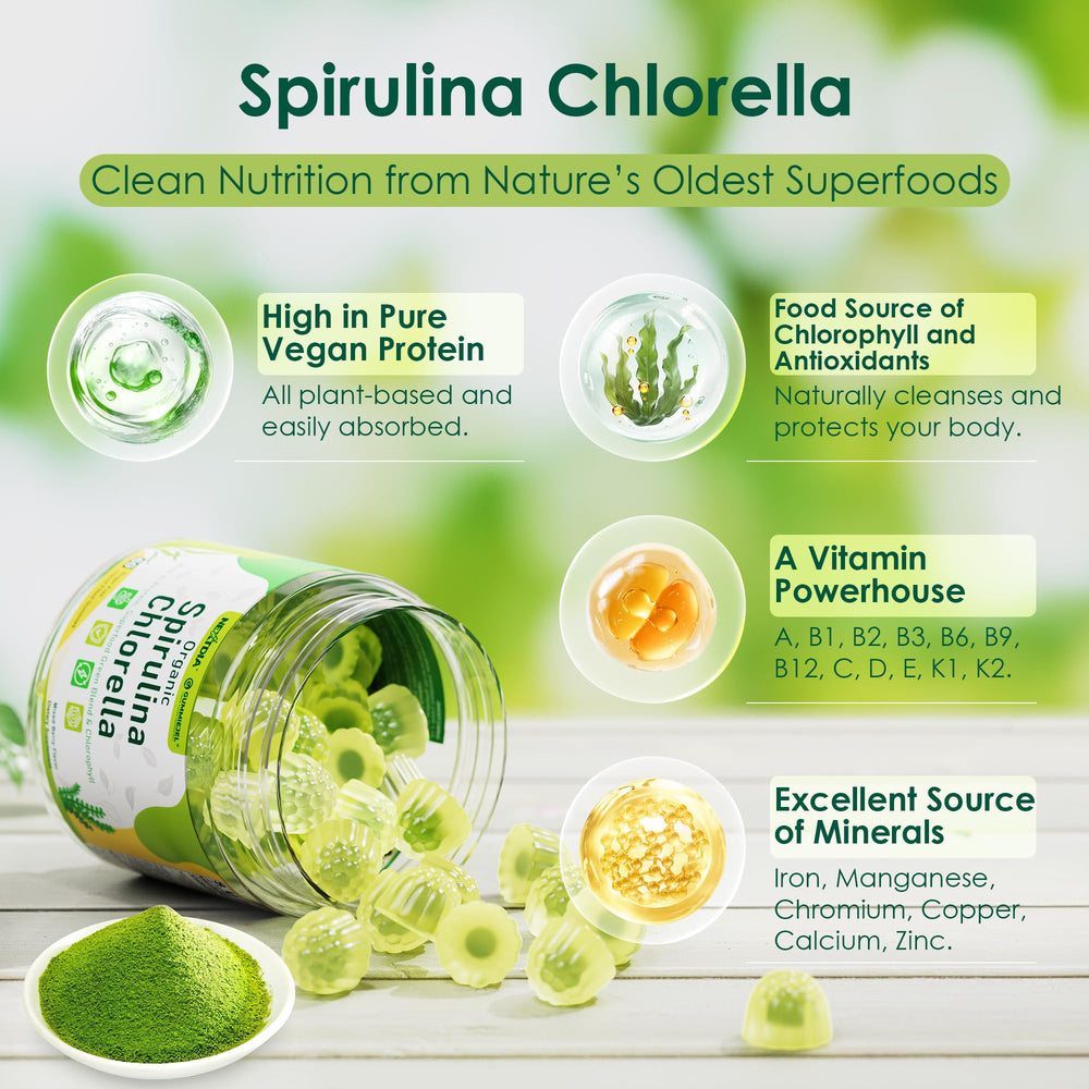 Nextdia Spirulina Chlorella Gummies close-up fruit texture suggests juicy flavor