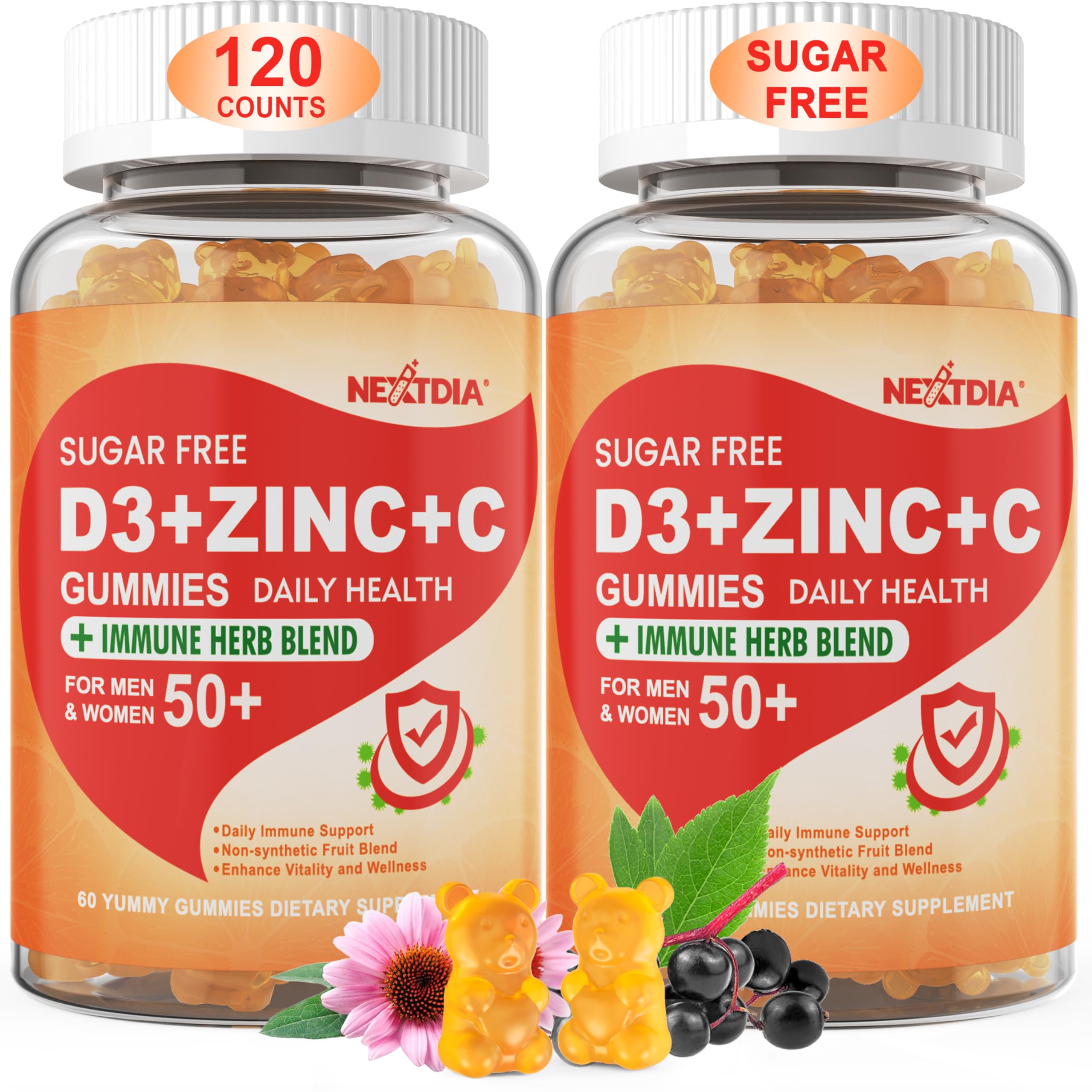 Nextdia sugar-free immune gummies bottle for adults 50+ with D3, C, and zinc.