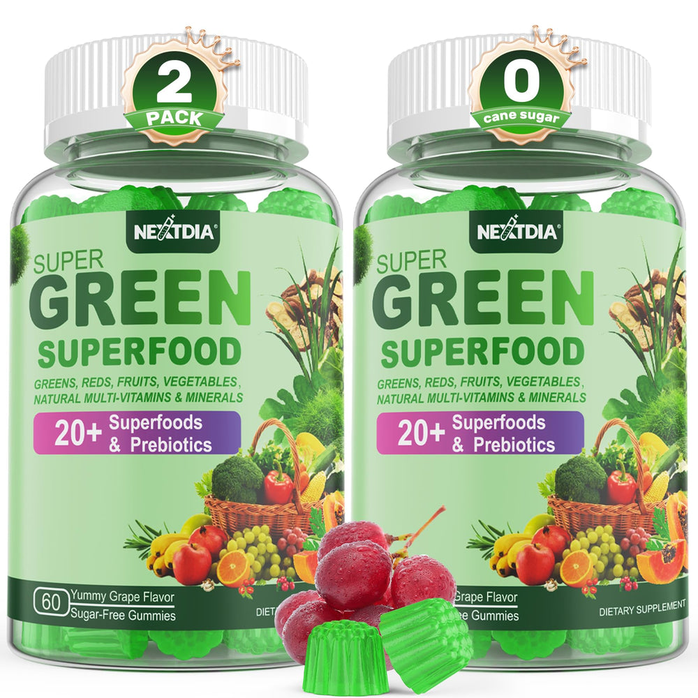 Nextdia Super Greens Gummies bottle front view for convenient daily nutrition on the go