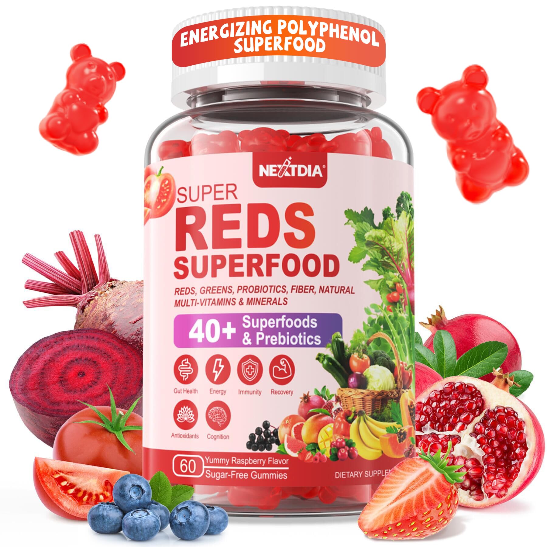 Nextdia Super Greens & Reds Gummies bottle front for daily antioxidant support