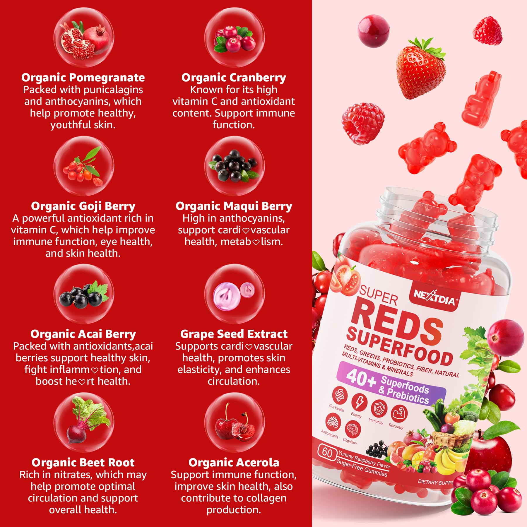 Nextdia Super Greens & Reds gummies closeup showcases berry flavors and texture