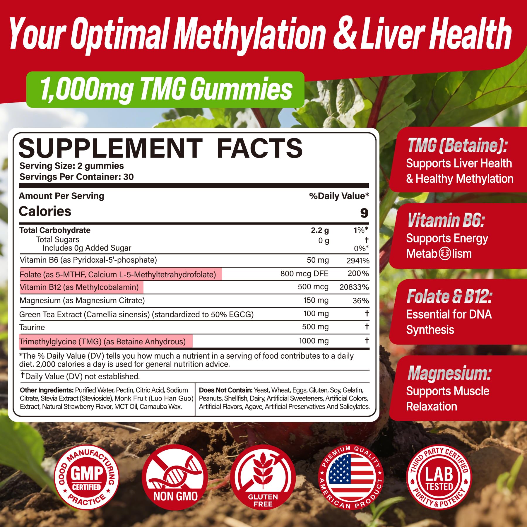 Nextdia TMG Gummies label highlights premium B vitamins and natural beetroot formula.