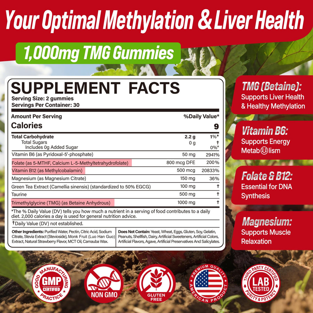 Nextdia TMG Gummies label highlights premium B vitamins and natural beetroot formula.