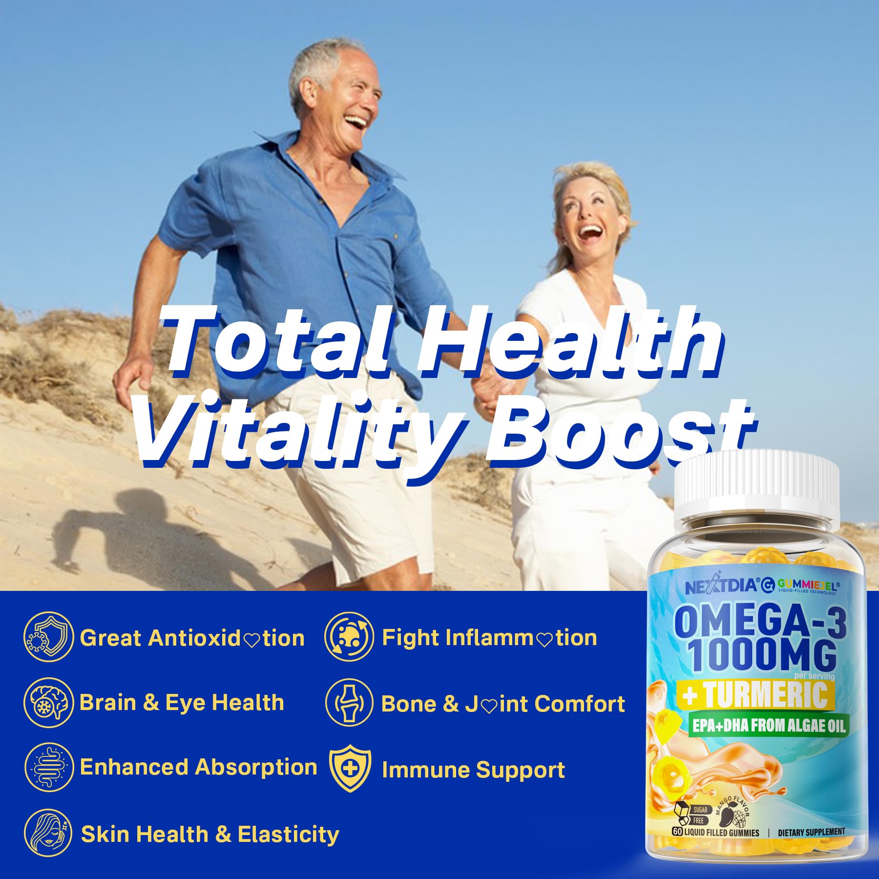 Nextdia vegan Omega-3 Gummies algae oil badge emphasizes sustainable source