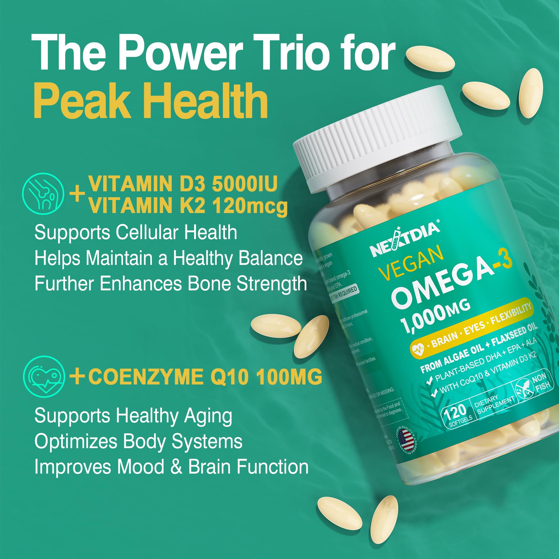 Nextdia bottle features D3 MK-7 and CoQ10 on label