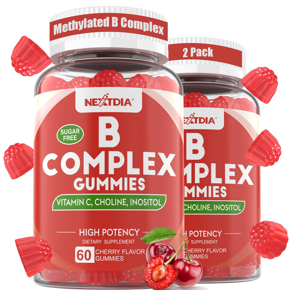 Nextdia Vitamin B Complex Gummies bottle on counter promoting daily energy