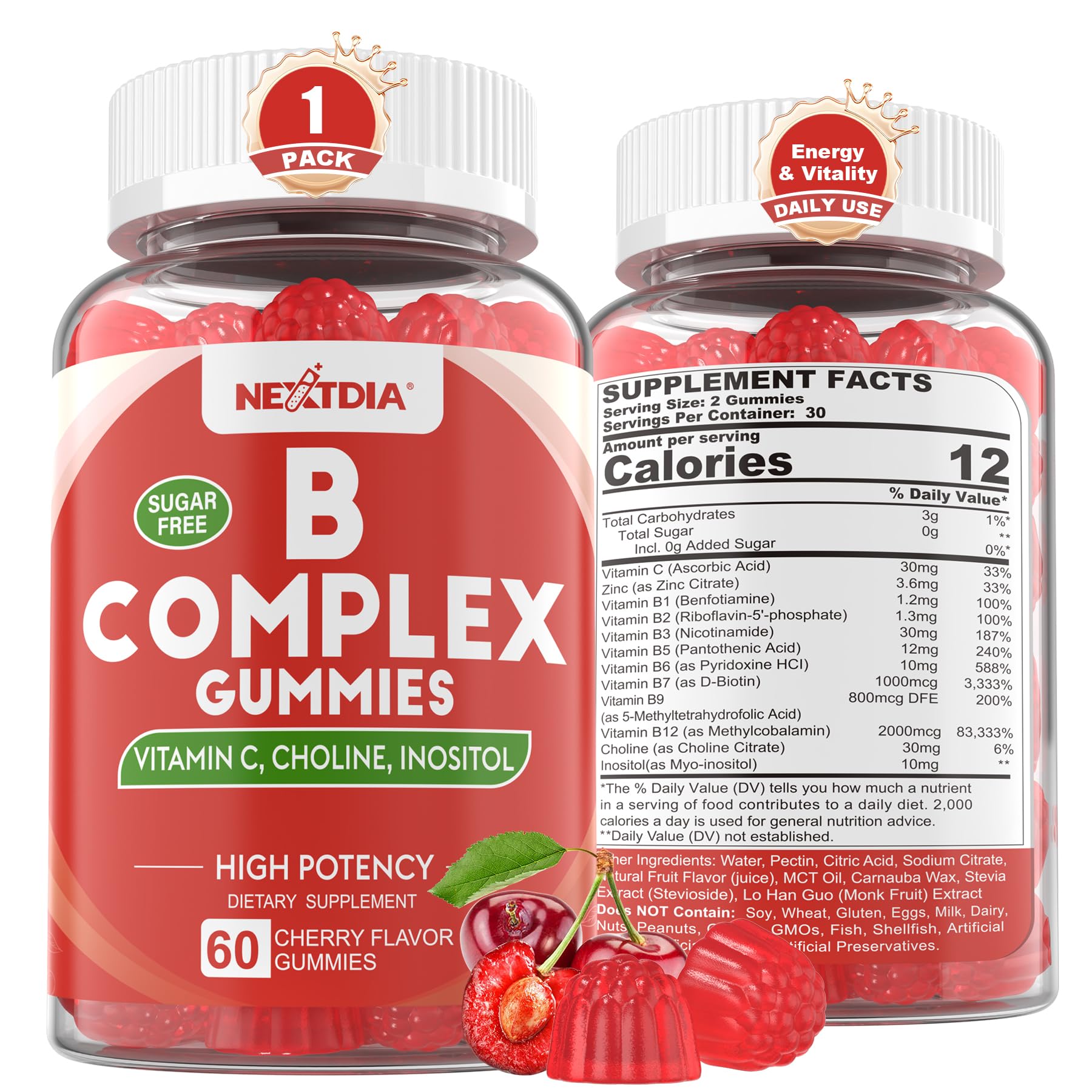 Nextdia Vitamin B Complex Gummies bottle close-up highlighting cherry flavor for daily energy.