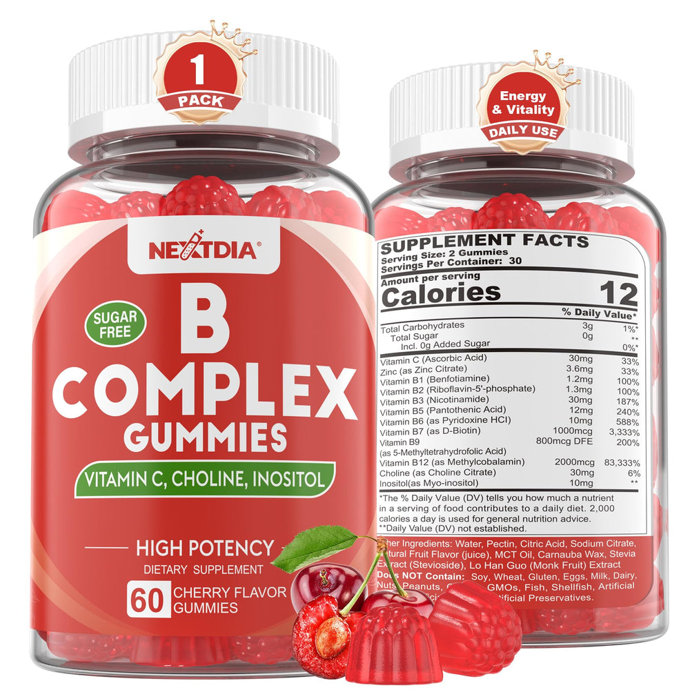 Nextdia Vitamin B Complex Gummies bottle close-up highlighting cherry flavor for daily energy.