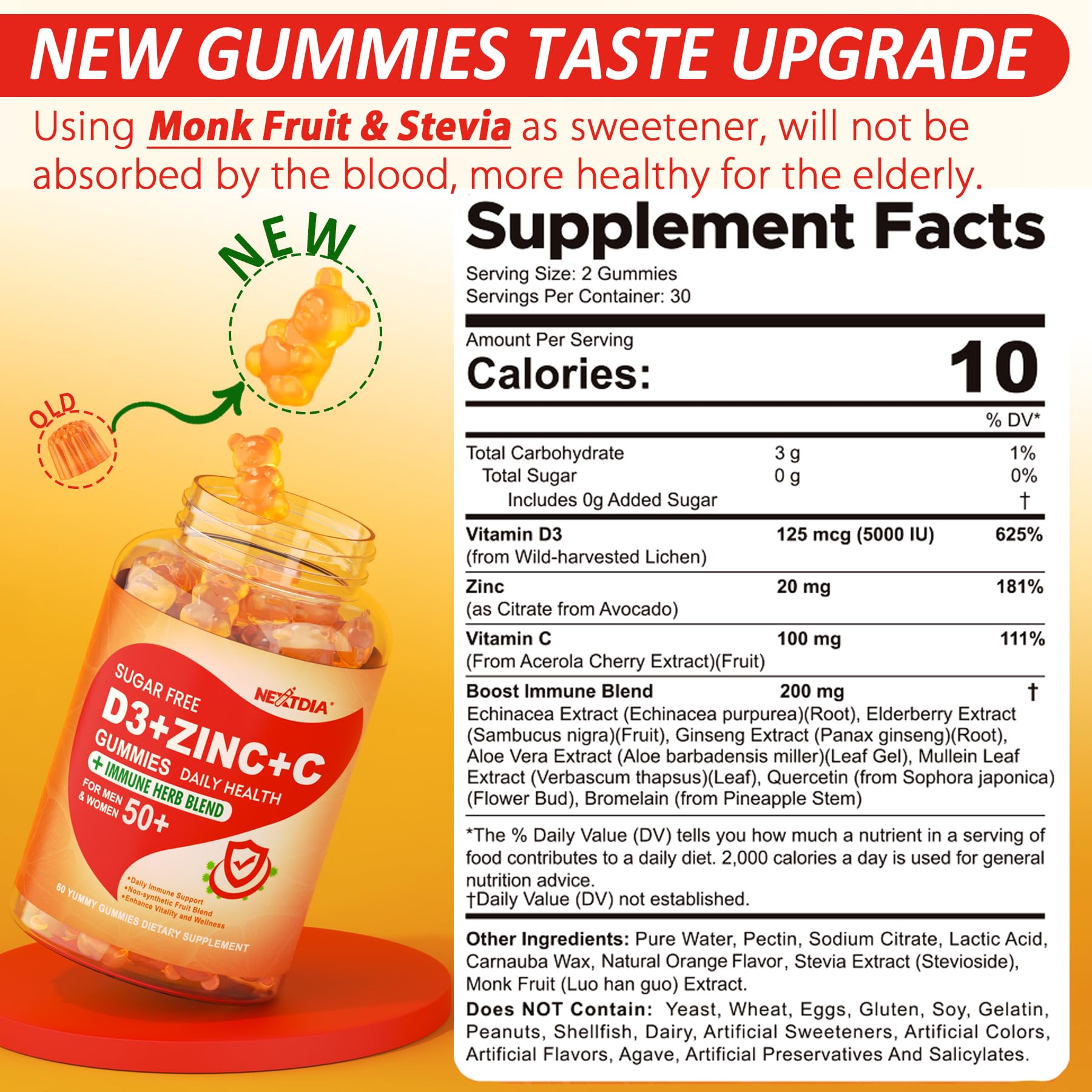 Nextdia Vitamin C + D3 + Zinc gummies ingredients close-up showing Acerola source.