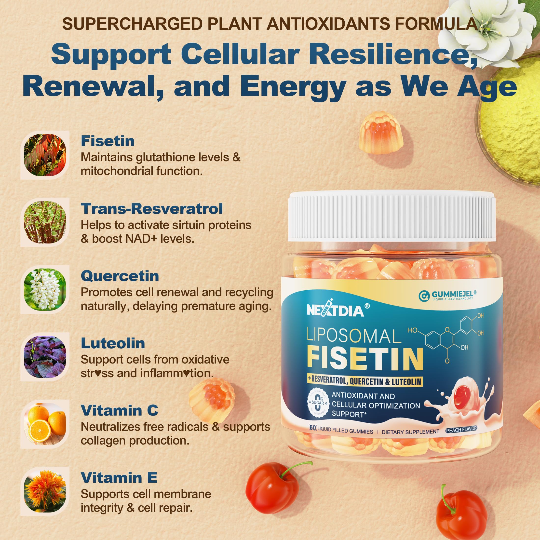 Nextdia Vitamin C and E icons beside peach flavor indicate daily support