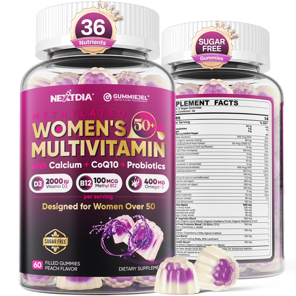 Nextdia women's multivitamin 50+ bottle front for daily bone and energy support.
