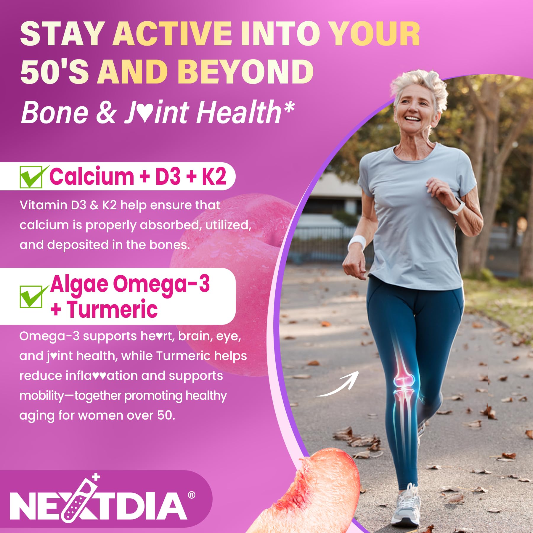 Nextdia vegan calcium with D3 and K2 for strong bones and teeth.