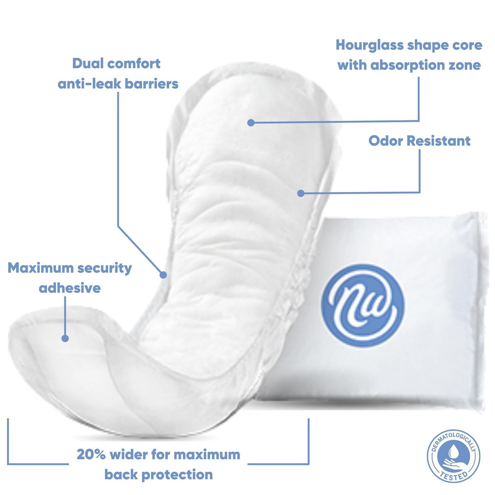 Nexwear pad features hourglass core for fast absorption.
