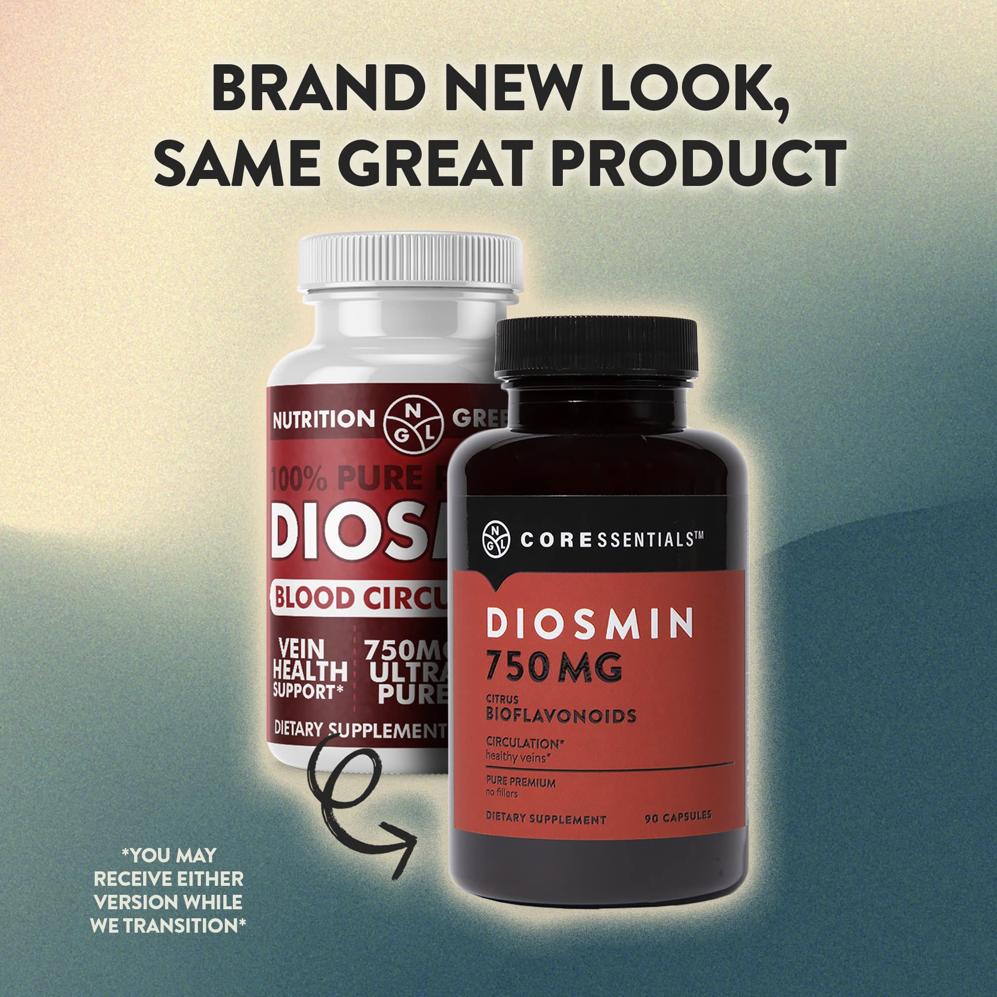 NGL Pure Diosmin 750 mg bottle side view showing packaging details for leg vein comfort
