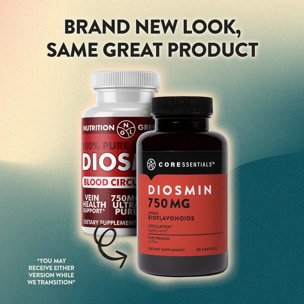 NGL Pure Diosmin 750 mg bottle side view showing packaging details for leg vein comfort