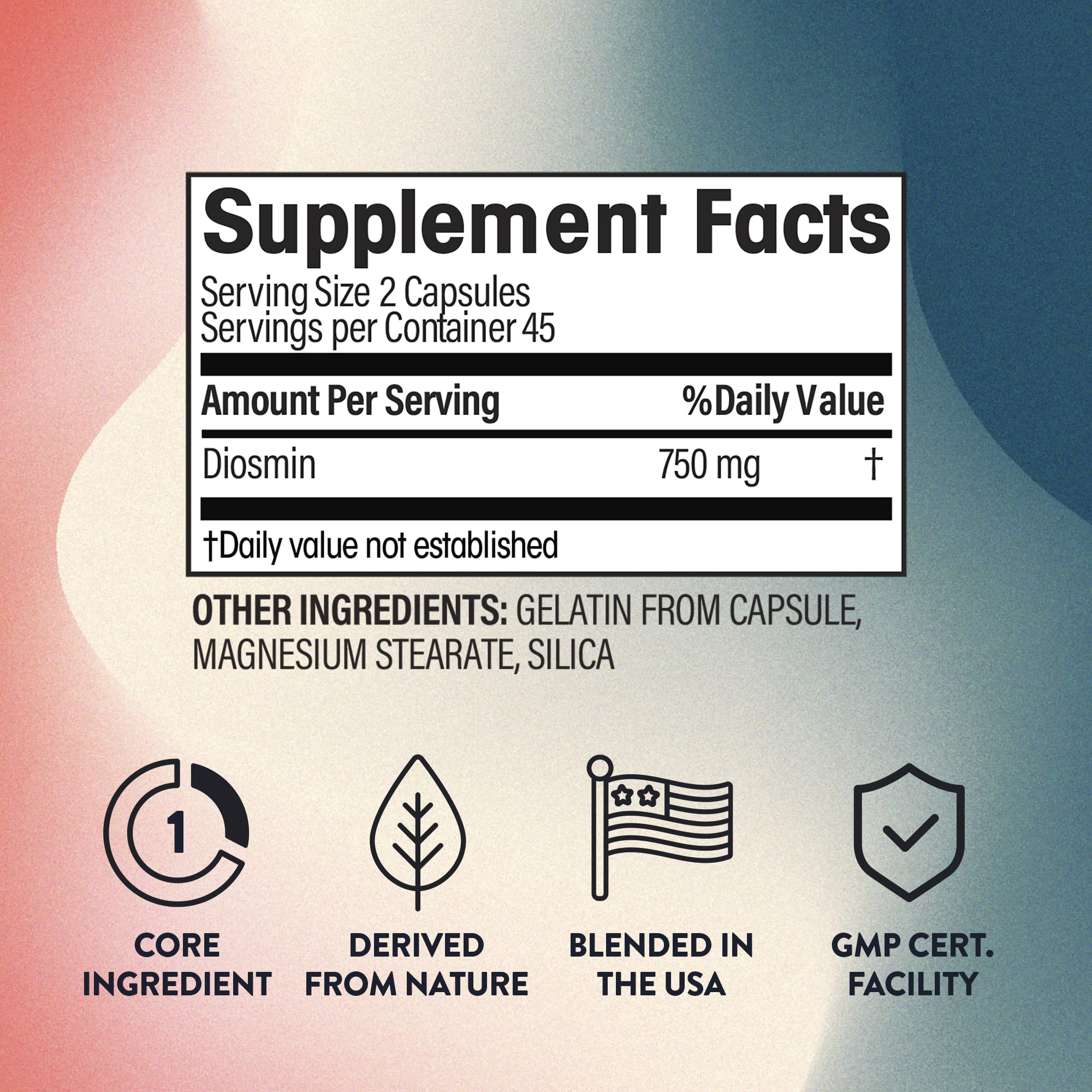NGL Pure Diosmin 750 mg capsules close up highlighting easy to swallow capsules for daily use