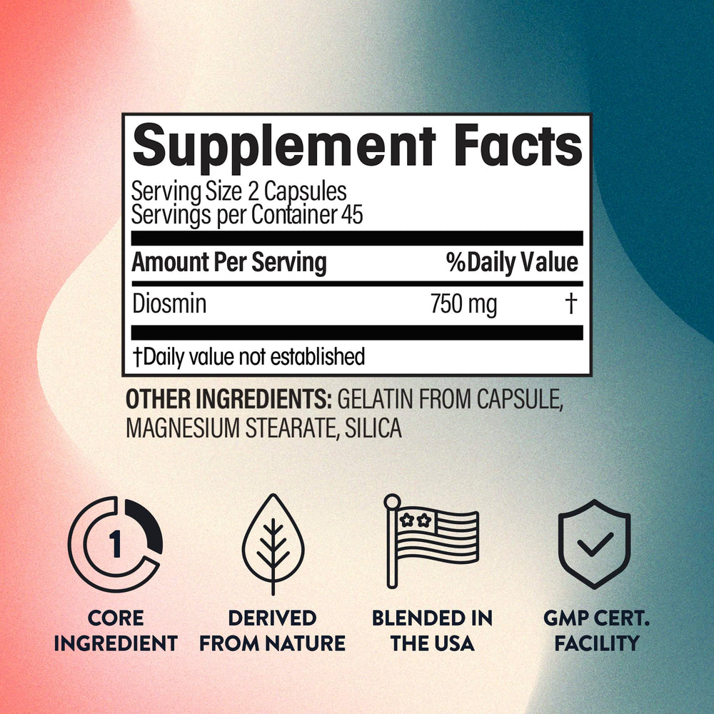 NGL Pure Diosmin 750 mg capsules close up highlighting easy to swallow capsules for daily use