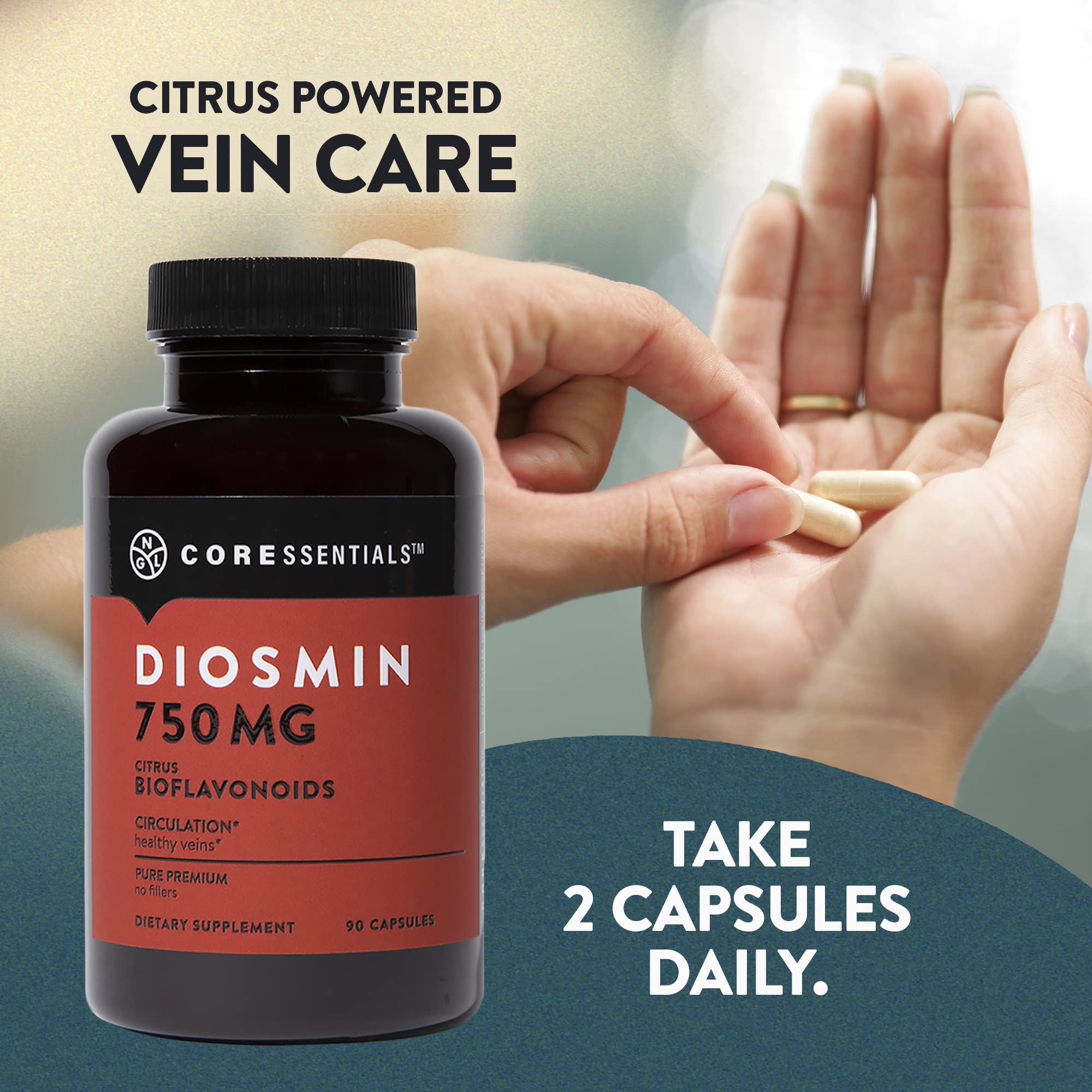 NGL Pure Diosmin 750 mg ingredients close up featuring citrus bioflavonoids