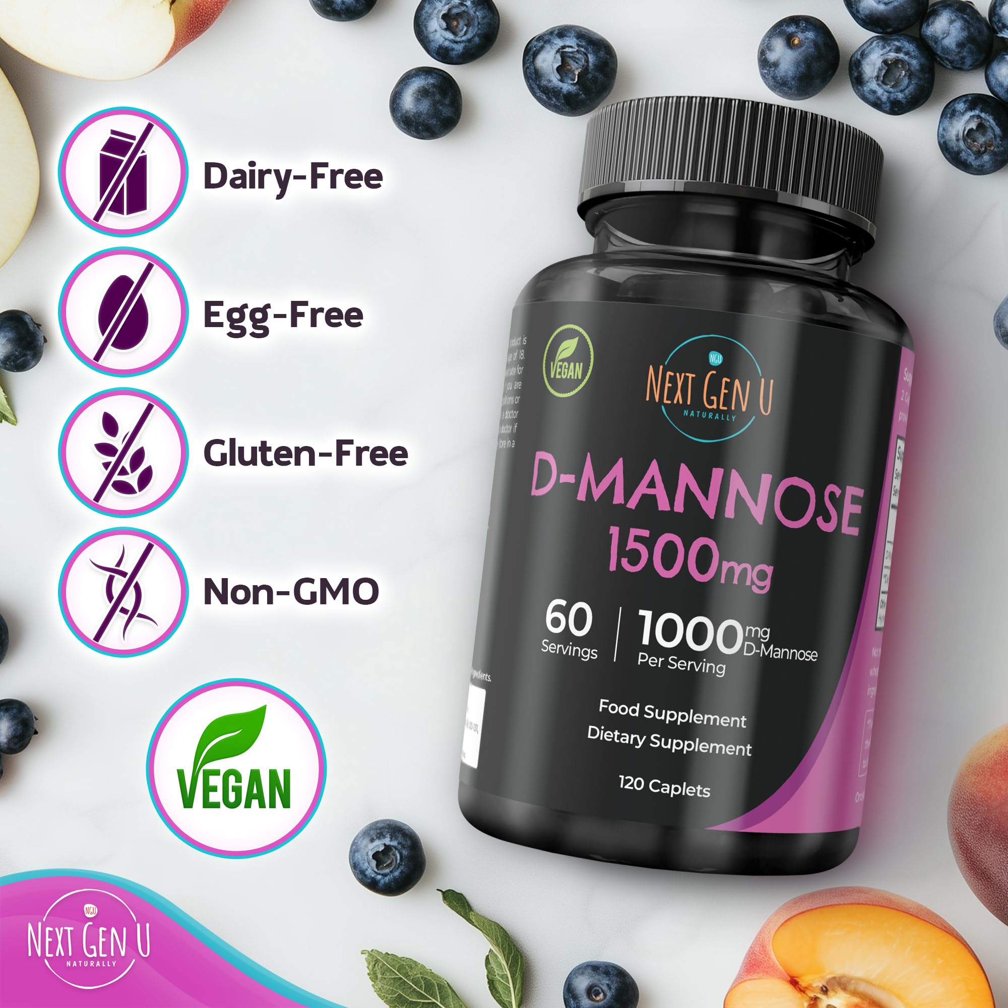 NGU Next Gen U D Mannose 1500 mg caplets closeup for easy daily use