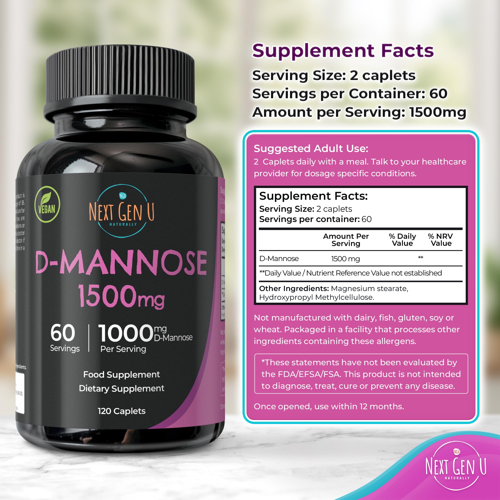 NGU Next Gen U D Mannose dairy free gluten free status on label