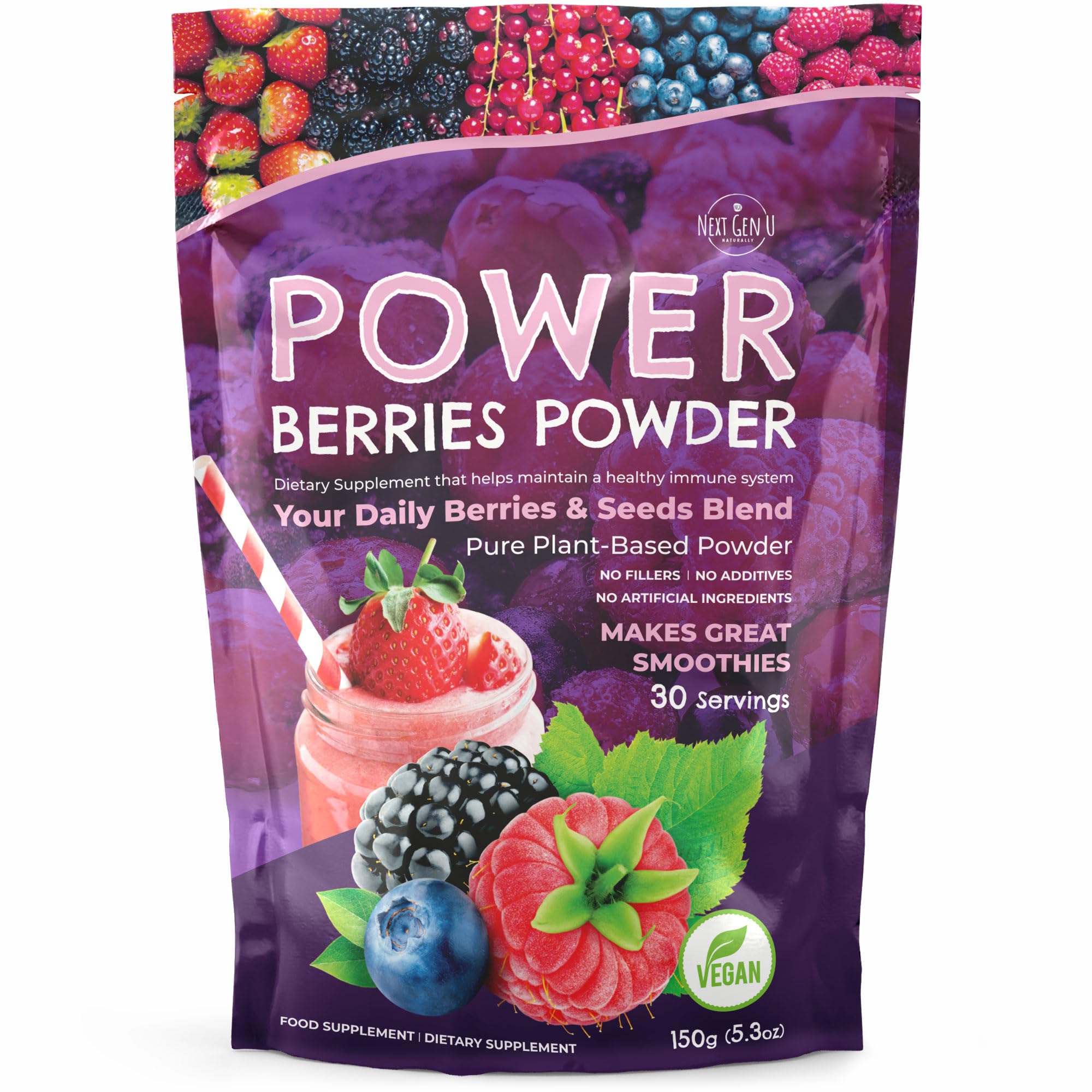 NGU Super Berry Powder bottle front shows a nutrient-dense mix for daily smoothies