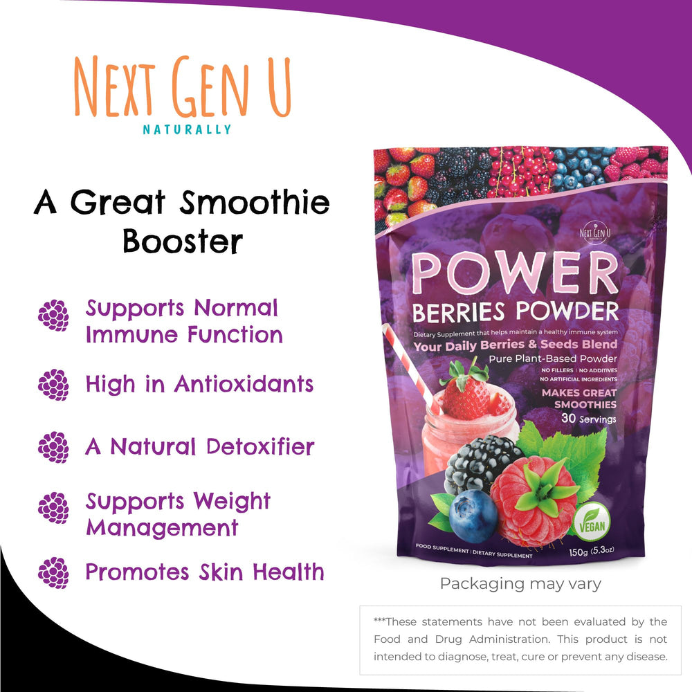 NGU Super Berry Powder flatlay with berries and scoop evokes a healthy everyday ritual