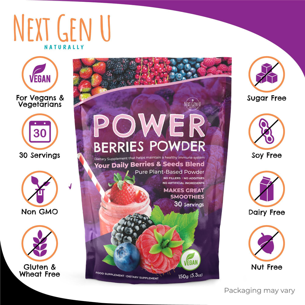 NGU Super Berry Powder ingredients close-up highlighting flaxseed and berries