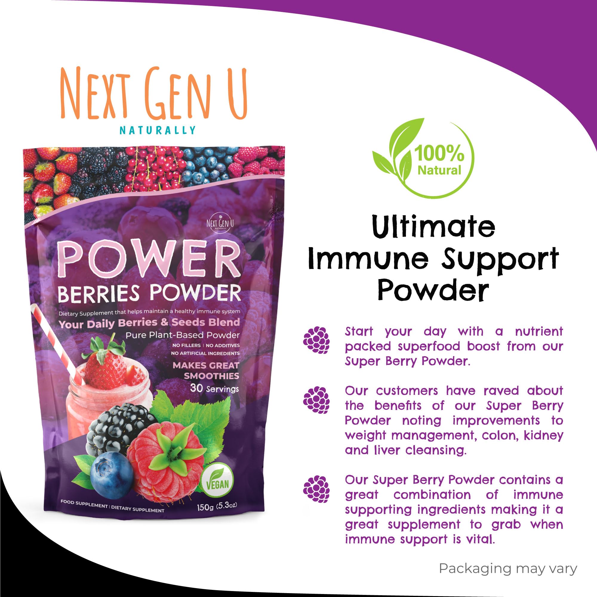 NGU Super Berry Powder pouch packaging conveys vegan, gluten-free credentials