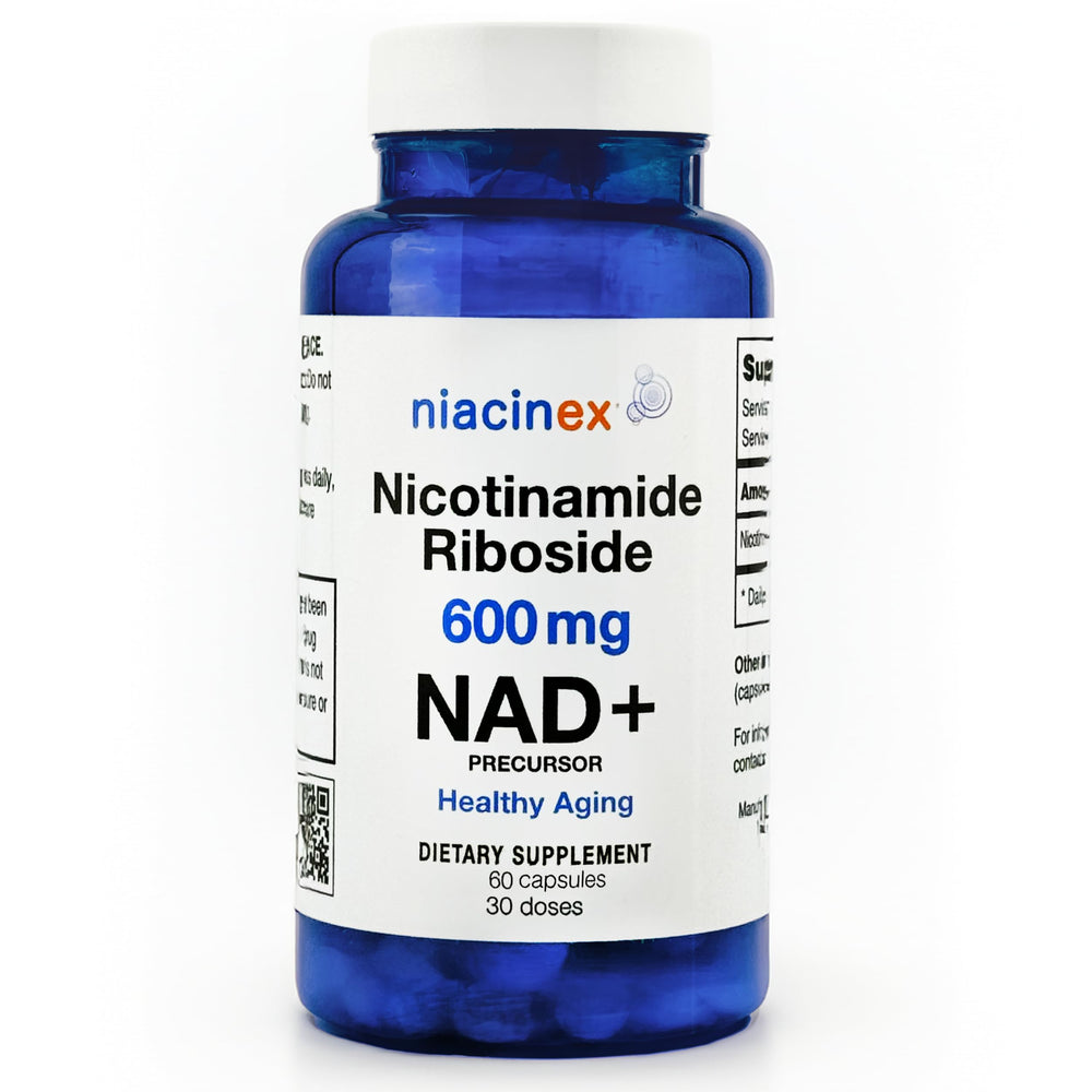 Niacinex NAD Plus 600 mg bottle showing the NR formula for daily vitality support